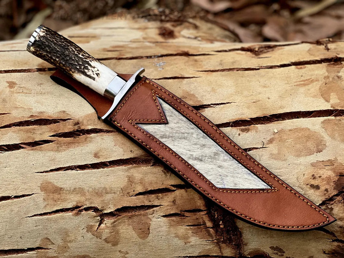 Arham Cutlery handmade 15-inch Damascus steel Bowie knife with stag horn handle and leather sheath
