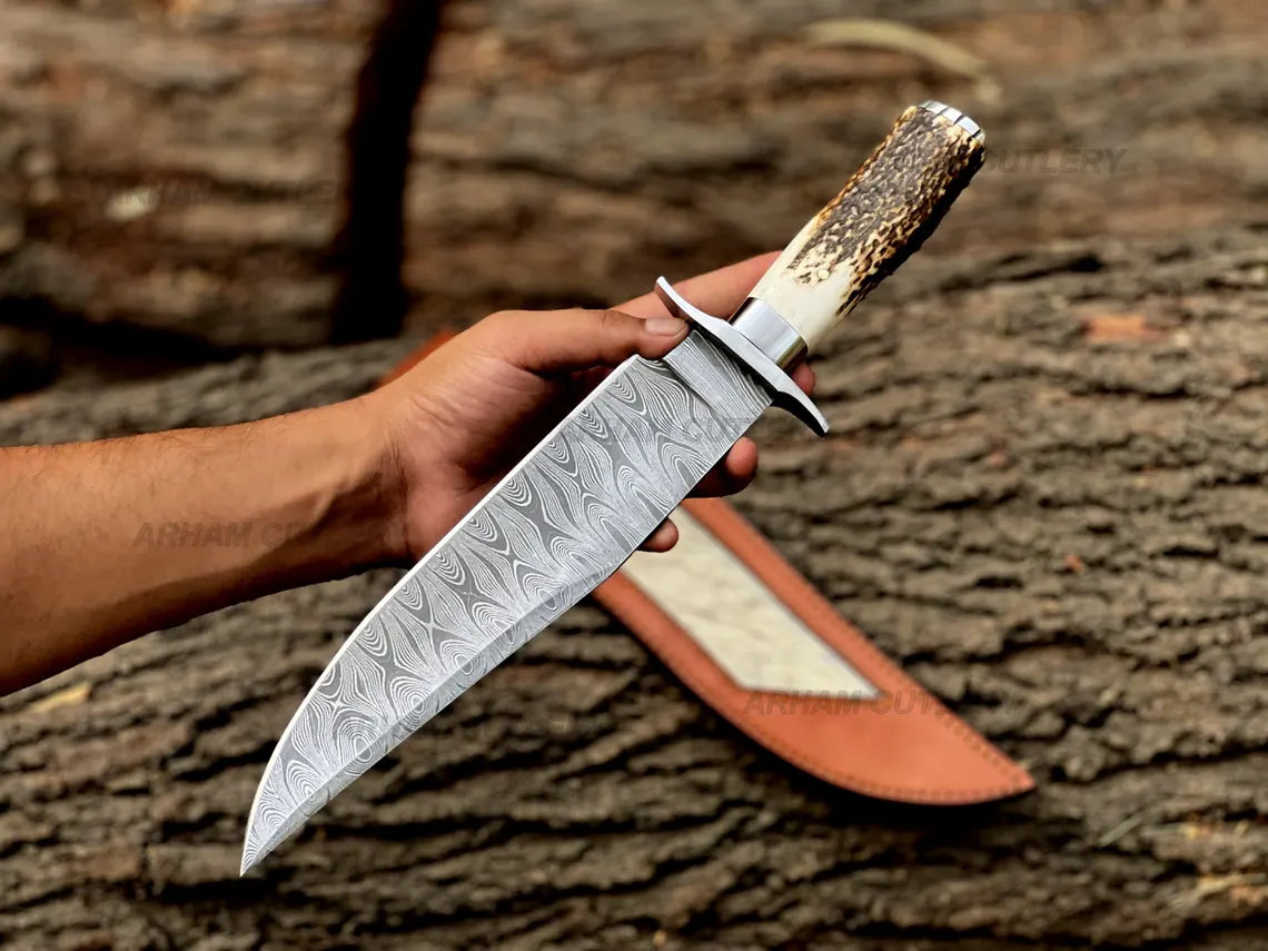 Arham Cutlery handmade 15-inch Damascus steel Bowie knife with stag horn handle and leather sheath