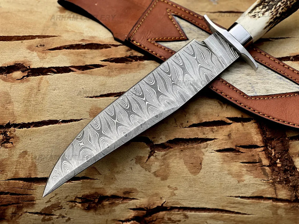 Arham Cutlery handmade 15-inch Damascus steel Bowie knife with stag horn handle and leather sheath
