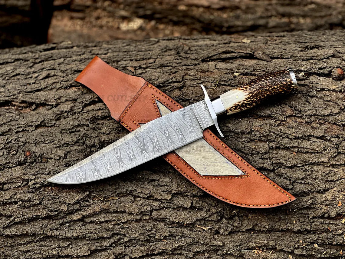 Arham Cutlery handmade 15-inch Damascus steel Bowie knife with stag horn handle and leather sheath