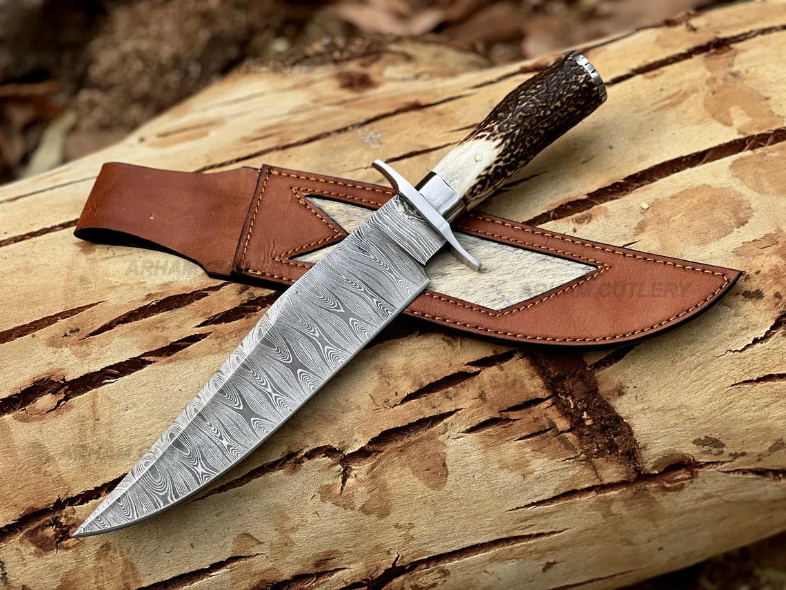 Arham Cutlery handmade 15-inch Damascus steel Bowie knife with stag horn handle and leather sheath