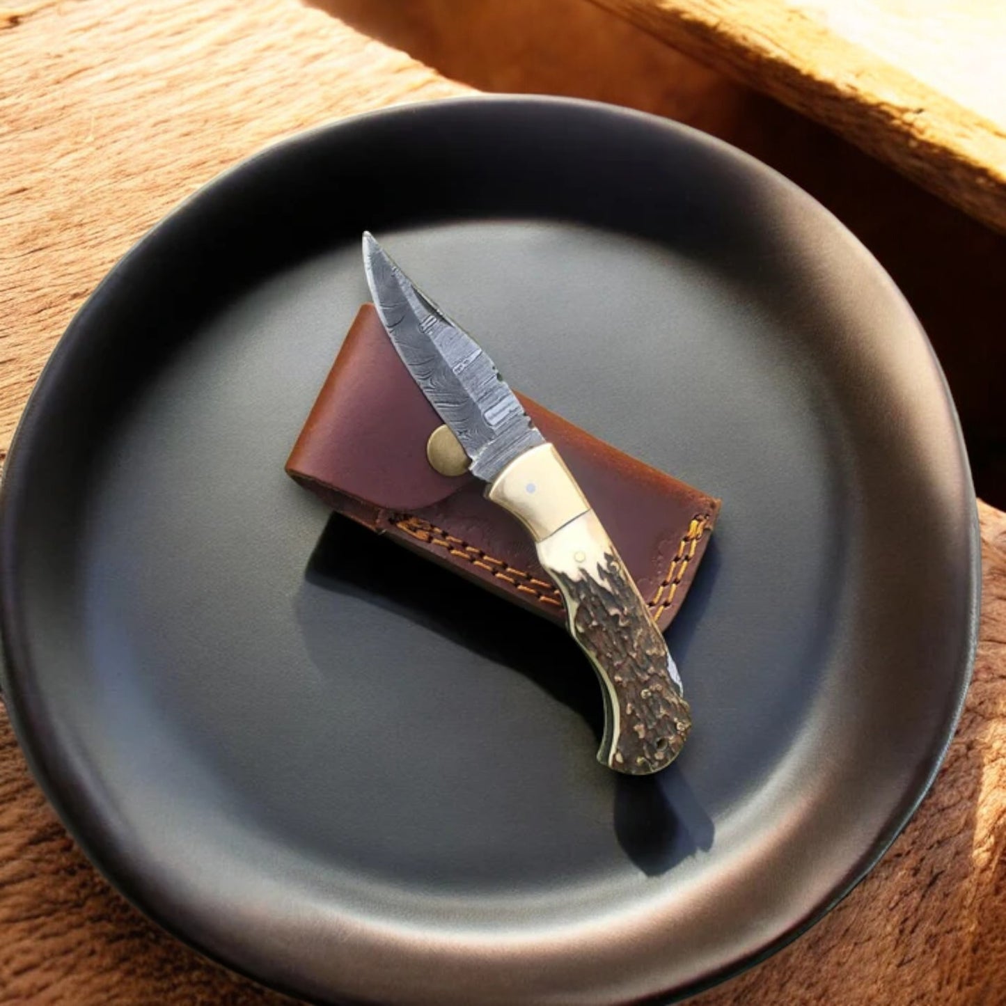 Handmade Damascus Folding Hunter Knife – Antler Horn Handle & Leather Case | Arham Cutlery