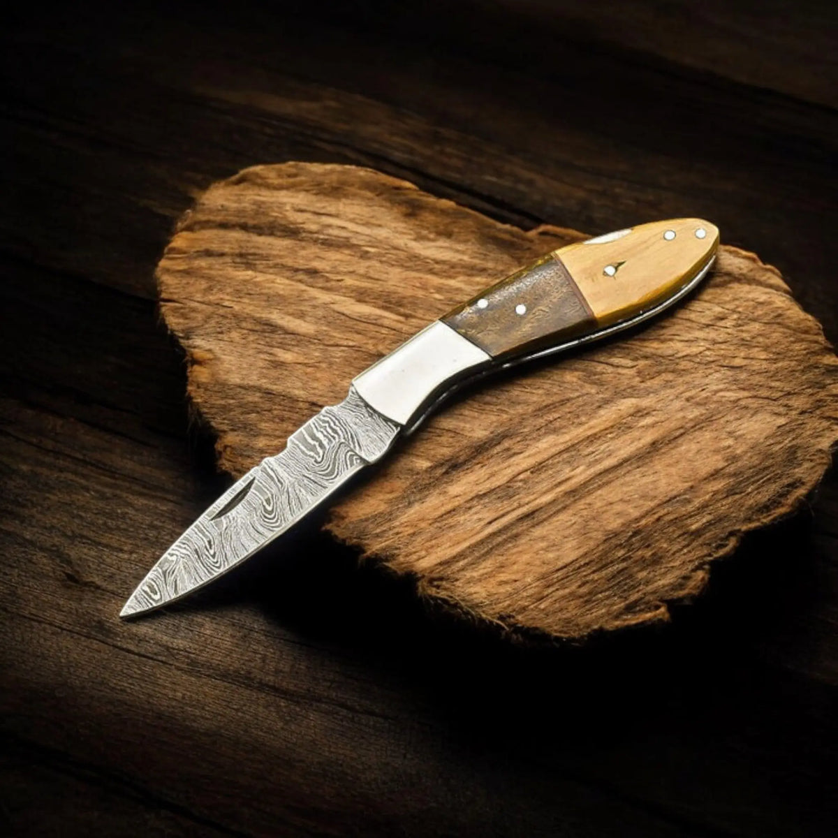 Handmade Damascus Folding Pocket Knife with Walnut Wood Handle | Arham Cutlery - Arham Cutlery