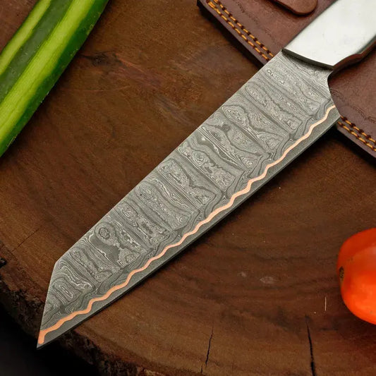 Personalized Copper Damascus Kitchen Knife with Silver Handle Arham Cutlery