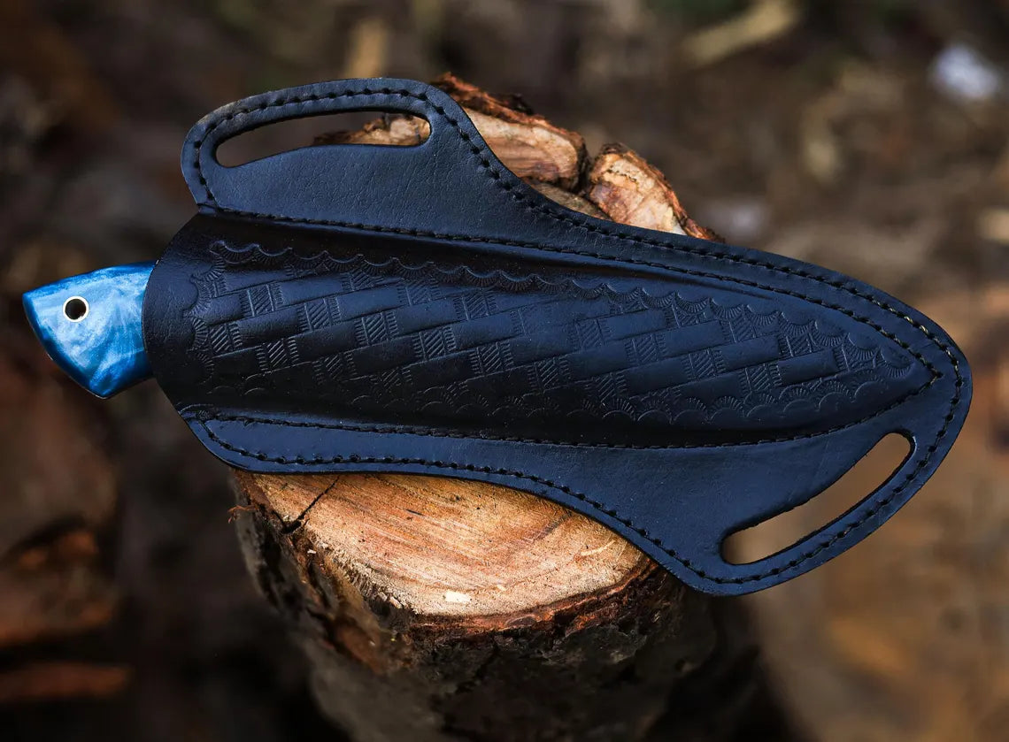 Handcrafted Damascus Steel Skinner Knife with Blue Resin Handle & Leather Sheath | Arham Cutlery