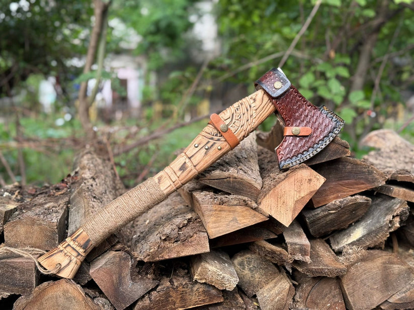 Nordic Heritage Engraved Axe – Handmade Viking Hatchet with Carved Handle & Leather Cover Arham Cutlery