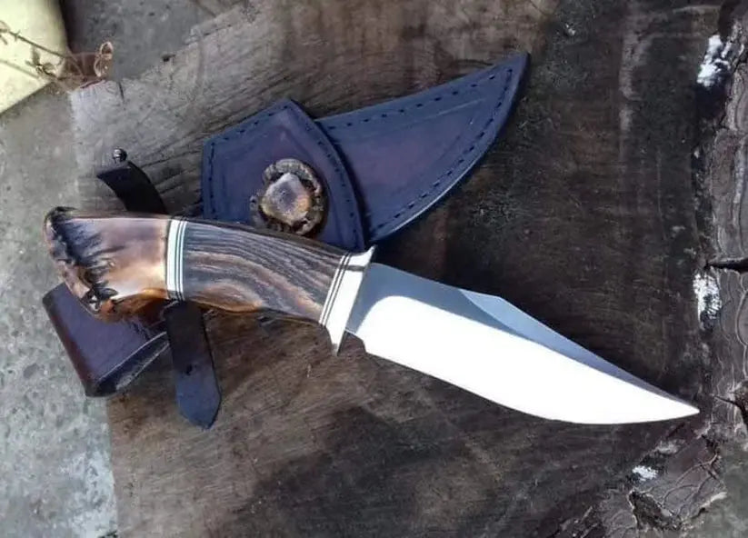 A fixed-blade knife with a polished silver blade and a carved brown handle, shown resting on a dark wooden surface next to a dark leather sheath.