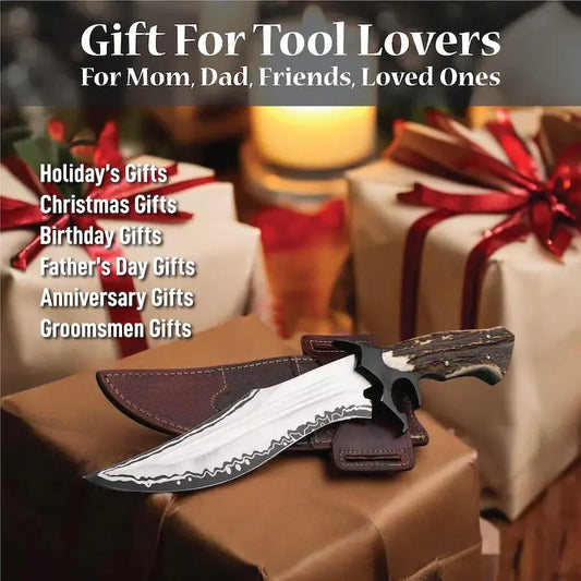 A fixed-blade knife with a textured dark handle and a brown leather sheath rests on a brown gift box, with wrapped presents and a warm candle in the background. Text at the top reads 'Gift For Tool Lovers' and text on the left lists holiday, Christmas, birthday, father's day, anniversary, and groomsman gifts.