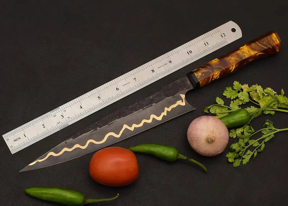 Custom Forged Copper Damascus Kitchen Knife | Amber Resin Chef Knife with Genuine Leather Sheath Arham Cutlery