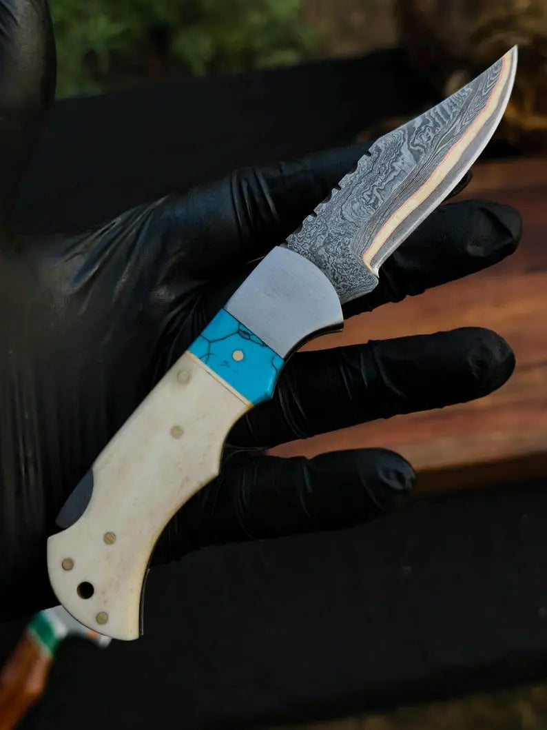 Handmade Damascus Pocket Knife with Camel Bone & Turquoise Inlay | Copper Brass Core Folding Knife Arham Cutlery
