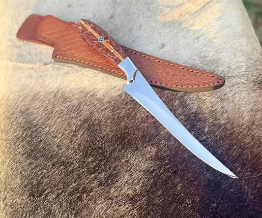 Arham Cutlery Handmade Carbon Steel Fillet & Hunting Knife – 11.5” Trailing Point Fishing Blade with Leather Sheath - Arham Cutlery