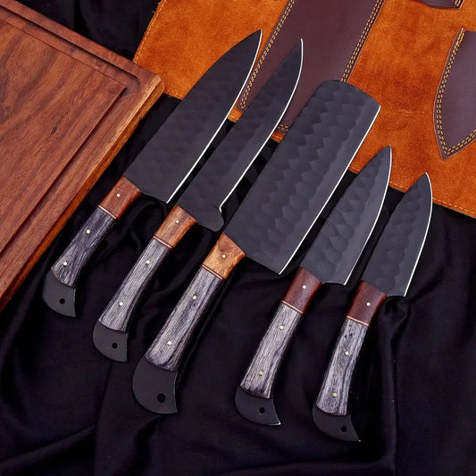Handmade D2 Hammered Steel 5-Piece Chef Knife Set with Wood Handles & Leather Carry Bag | Arham Cutlery - Arham Cutlery