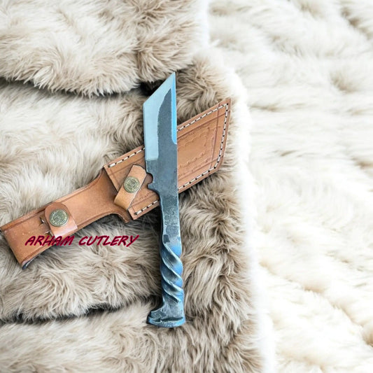 Heavy-Duty Handmade D2 Railroad Tanto Knife – 9″ Custom Forged Blade with Leather Sheath - Arham Cutlery