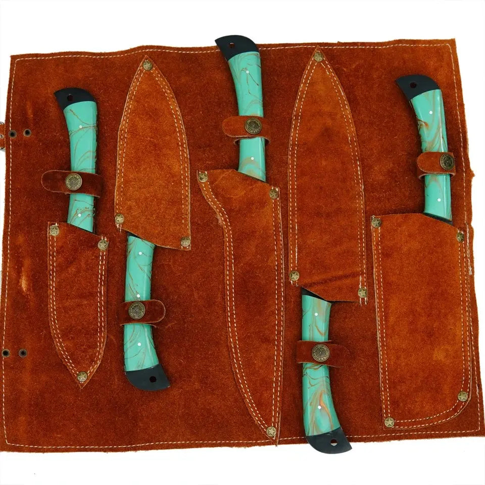 Handmade D2 Steel 5-Piece Chef Knife Set – Hammered Black Blades, Green Resin Handles & Leather Roll | Arham Cutlery - Arham Cutlery