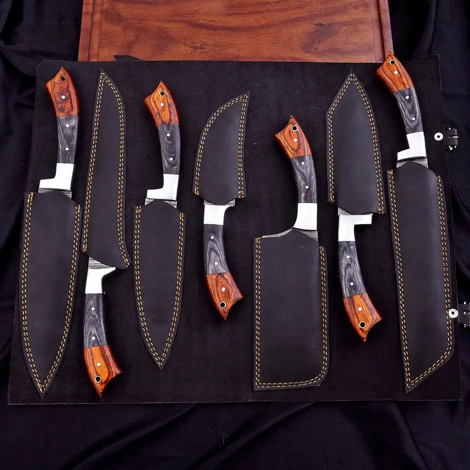 Custom Handmade Damascus 7-Piece Chef Knife Set with Wood Handles & Leather Bag | Arham Cutlery - Arham Cutlery