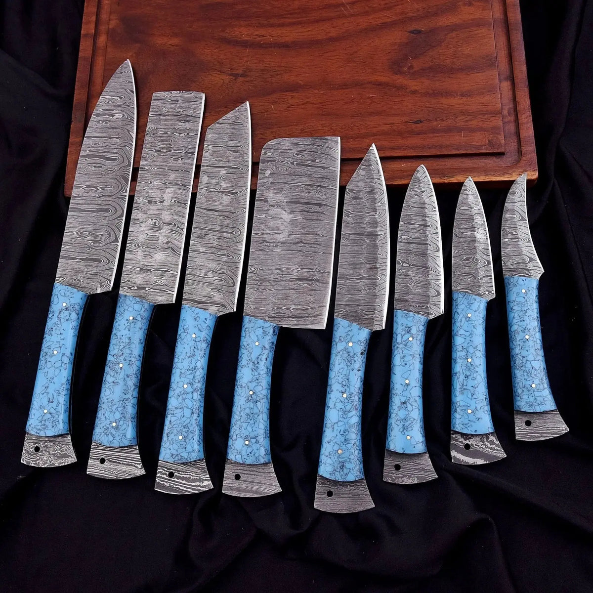 Custom Handmade Damascus 8-Piece Chef Knife Set with Turquoise Resin Handles & Leather Bag | Arham Cutlery - Arham Cutlery