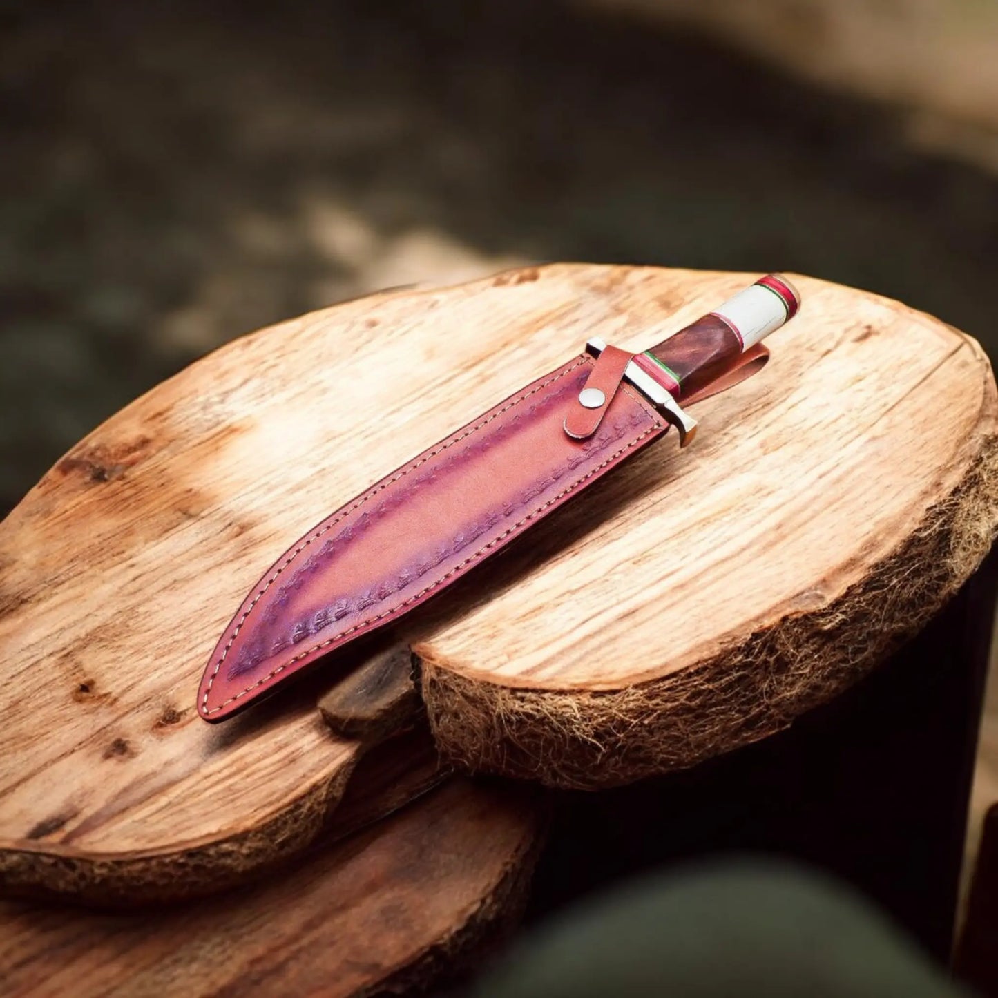 Handmade Damascus Steel Bowie Knife with Bone & Rosewood Handle and Leather Sheath | Arham Cutlery - Arham Cutlery