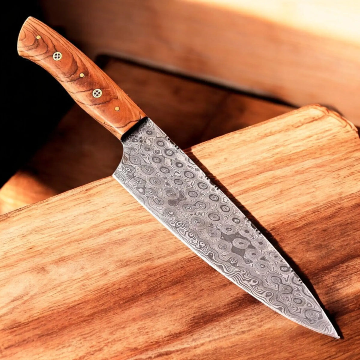 Handmade Damascus Chef Knife with Olivewood Handle & Leather Sheath | Arham Cutlery - Arham Cutlery