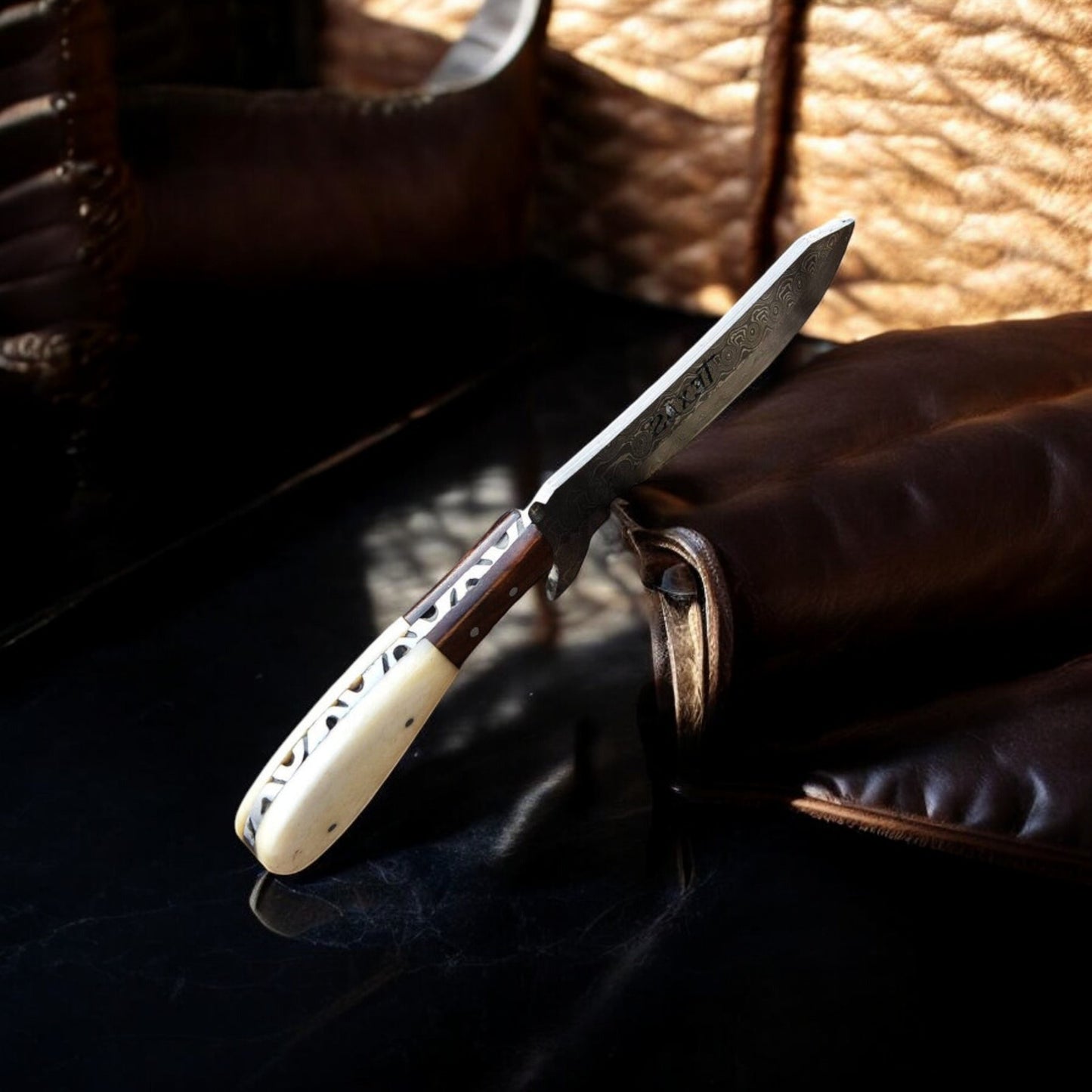 Arham Cutlery Handmade Damascus Cowboy Knife – Rustic Bone Handle with Leather Sheath