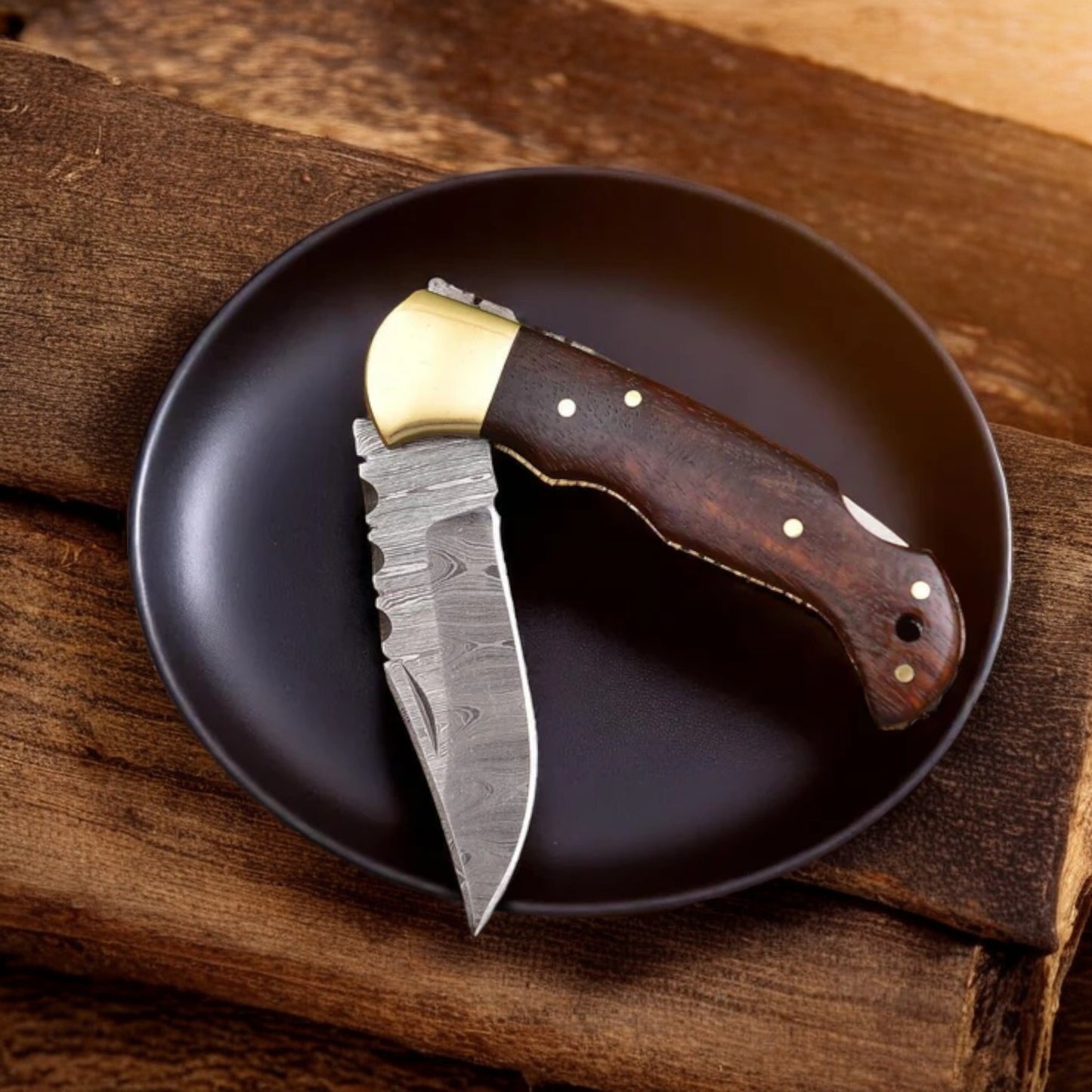 Handmade Damascus Cowboy Pocket Knife – 3” Folding EDC Knife with Wood Handle & Leather Case | Arham Cutlery