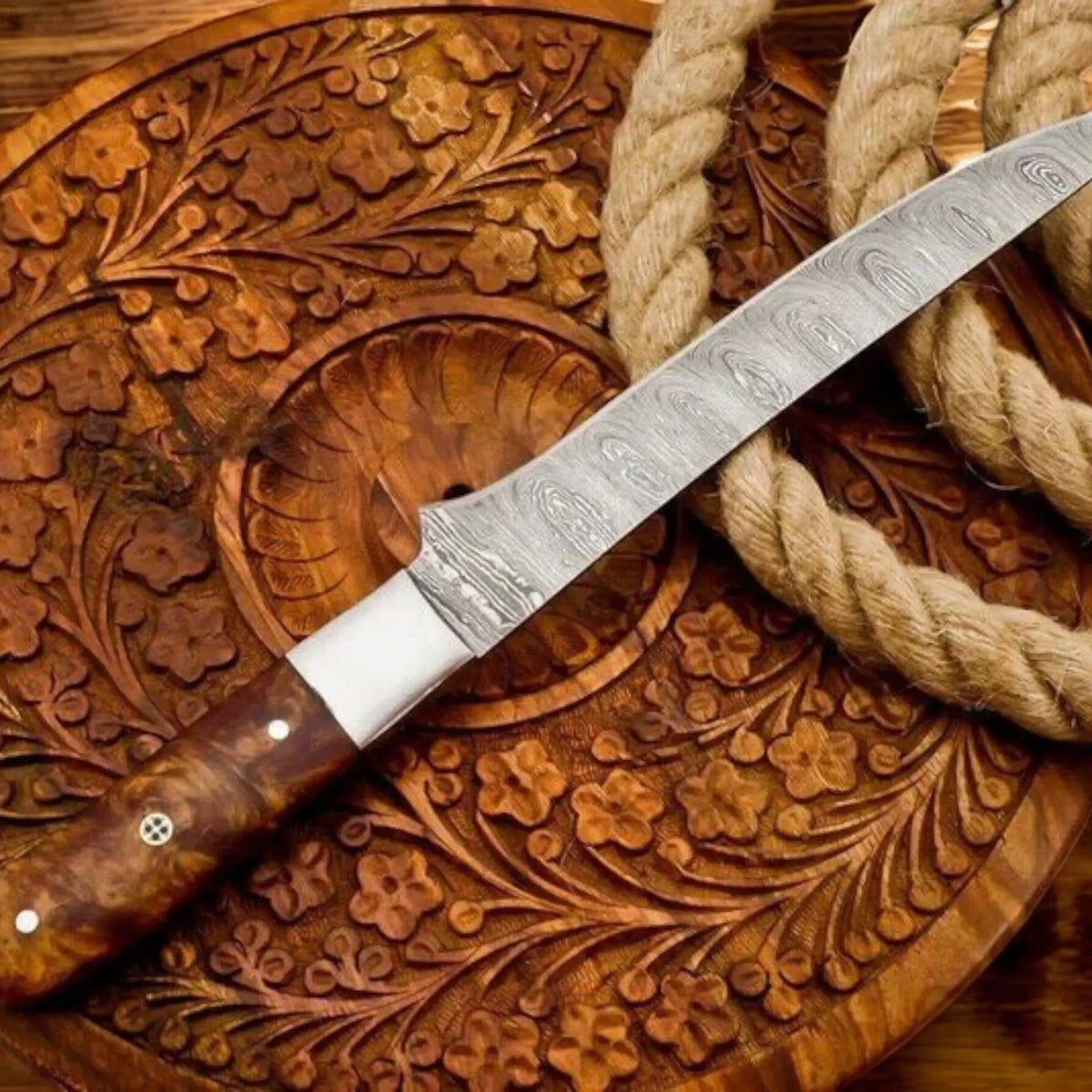 Handmade Damascus Fillet Knife – 8” Precision Blade with Rosewood Handle | Arham Cutlery - Arham Cutlery