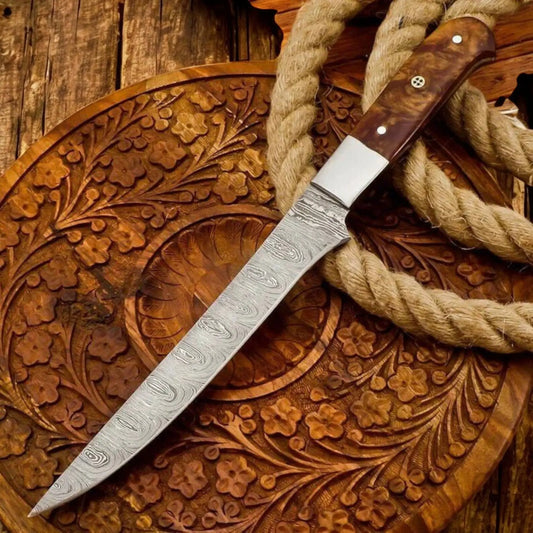 Handmade Damascus Fillet Knife – 8” Precision Blade with Rosewood Handle | Arham Cutlery - Arham Cutlery