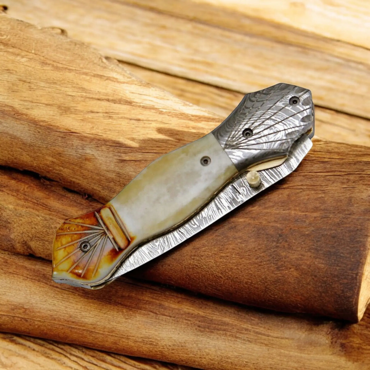 Handmade Damascus Folding Knife with Natural Bone Handle | Arham Cutlery - Arham Cutlery