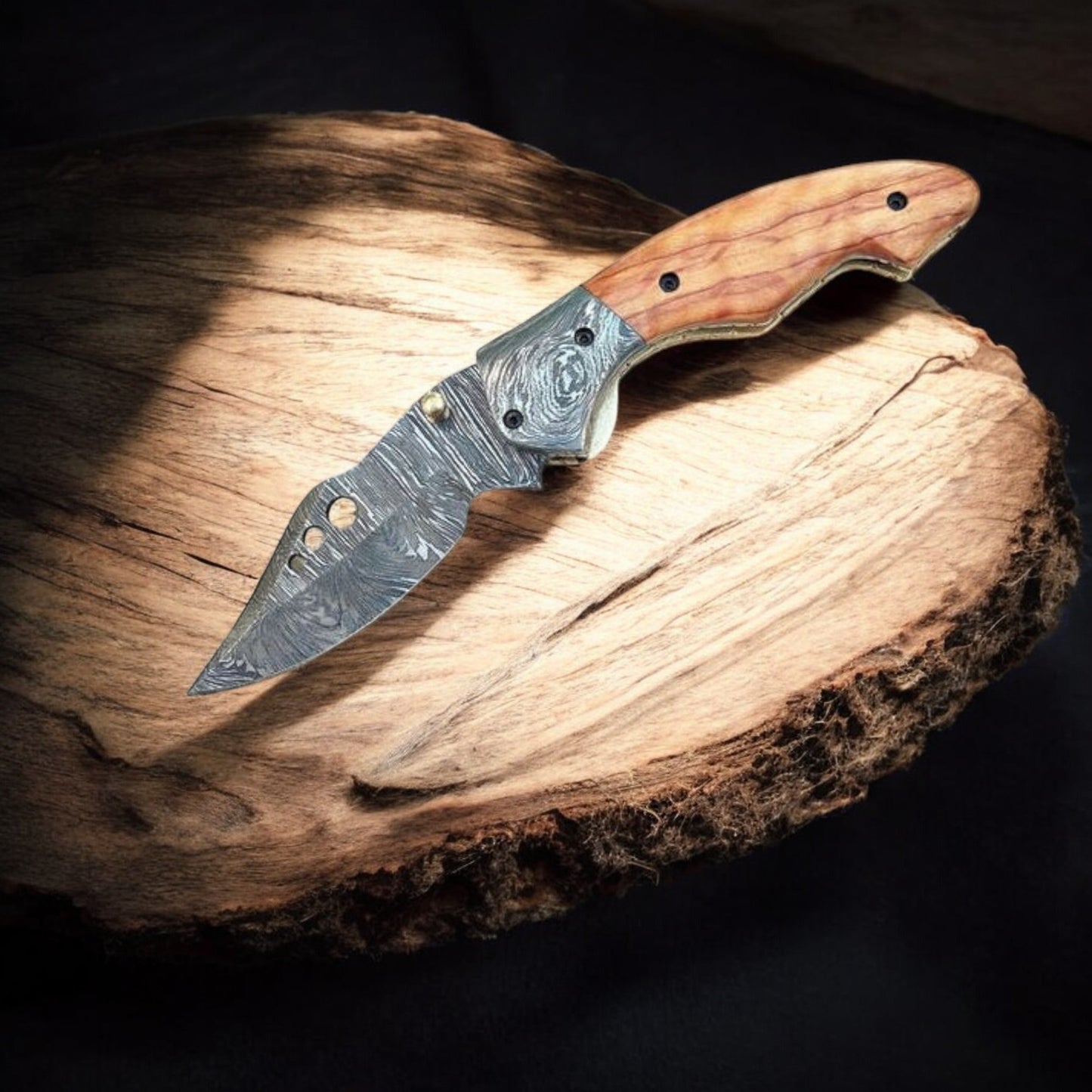 Handmade Damascus Folding Pocket Knife – 3” Blade with Olivewood Handle & Leather Case | Arham Cutlery