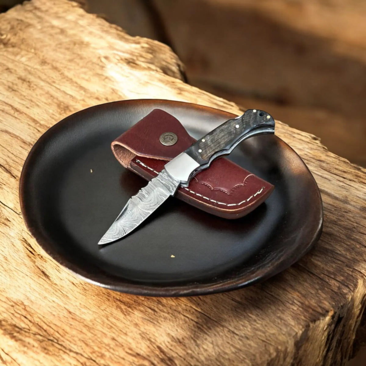 Handmade Damascus Steel Folding Knife with Wood Handle, Back Lock & Leather Case | Arham Cutlery - Arham Cutlery