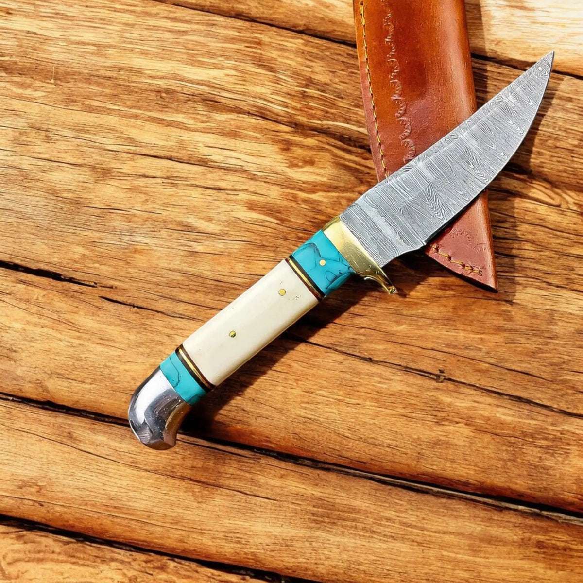 Handmade Damascus Hunting Knife – Turquoise & Bone Handle with Leather Sheath | Arham Cutlery - Arham Cutlery