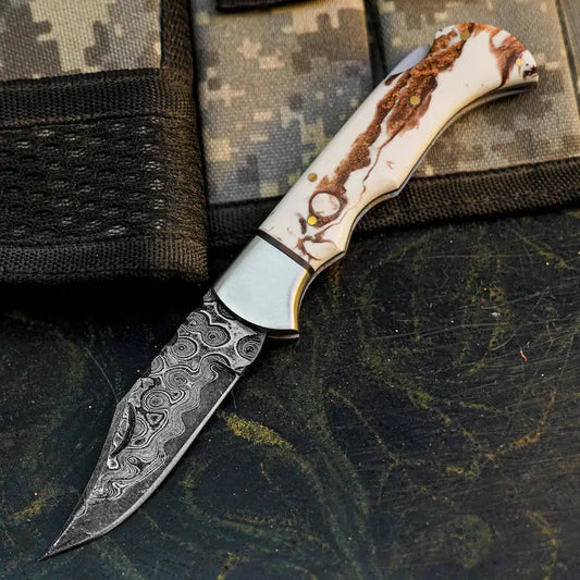 Handmade Damascus Hunting Knife with Patterned Resin Handle Arham Cutlery