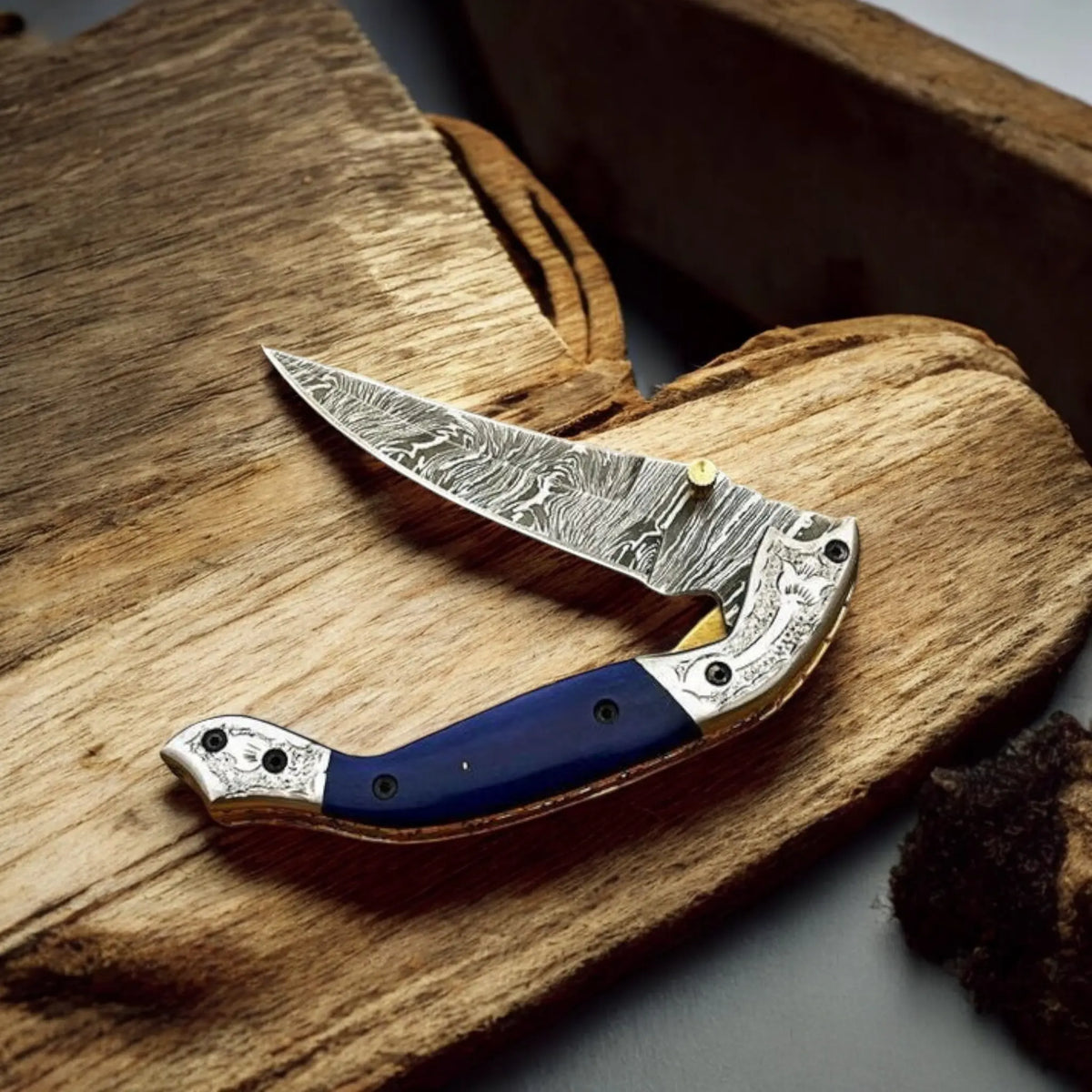 Handmade Damascus Pocket Knife with Blue Wood Handle | Arham Cutlery - Arham Cutlery
