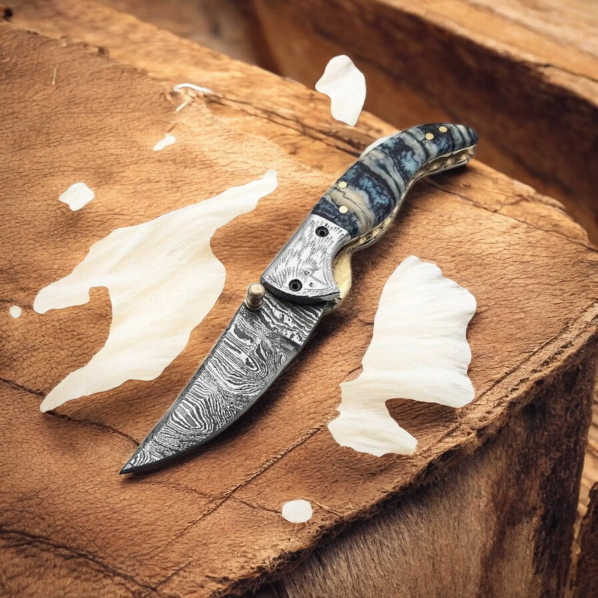 Handmade Damascus Pocket Knife with Epoxy Resin Handle | Arham Cutlery - Arham Cutlery