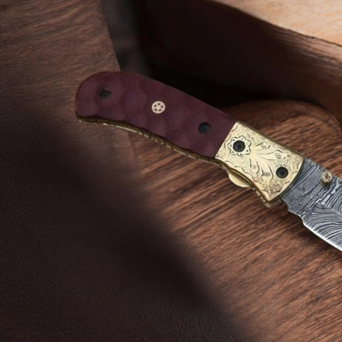 Handmade Damascus Steel Pocket Knife with Micarta Handle & Engraved Brass Bolster | Arham Cutlery - Arham Cutlery