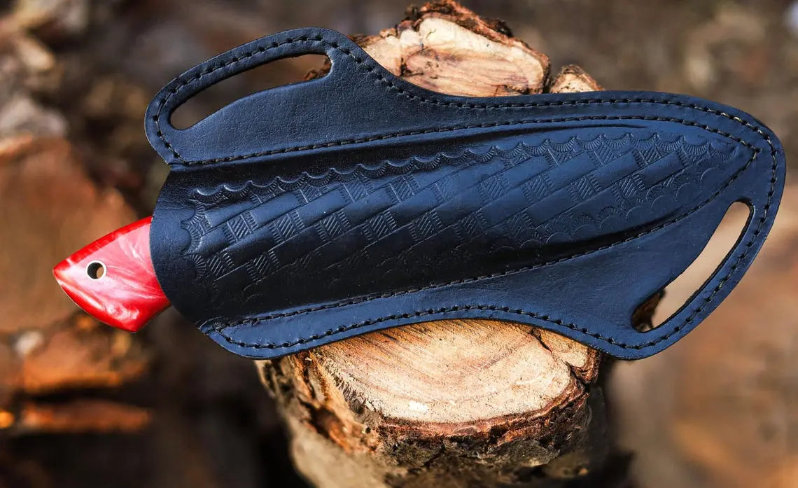 Handmade Damascus Steel Skinner Knife with Red Resin Handle & Leather Sheath | Arham Cutlery - Arham Cutlery