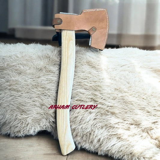 18″ Handmade Damascus Steel Axe – Custom Forged Wood Handle with Leather Sheath - Arham Cutlery