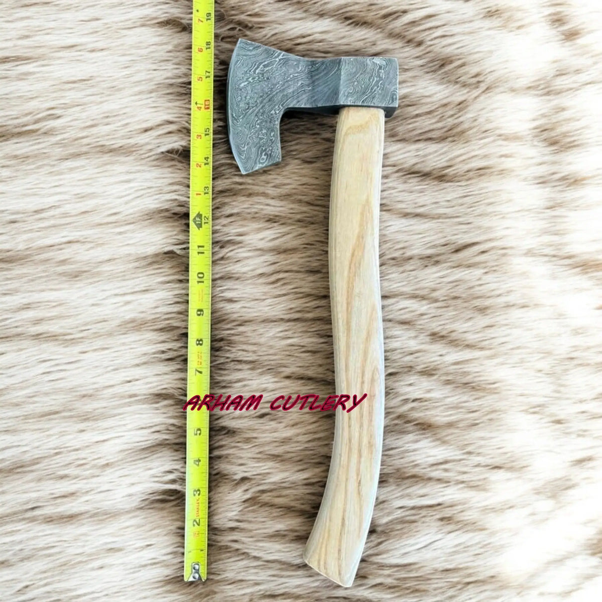 18″ Handmade Damascus Steel Axe – Custom Forged Wood Handle with Leather Sheath - Arham Cutlery