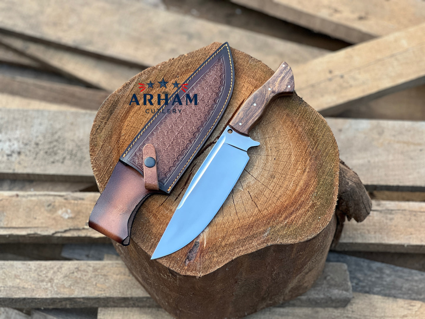 Premium 13" Handmade Hunting Knife – D2 Tool Steel, Rosewood Handle, Leather Sheath