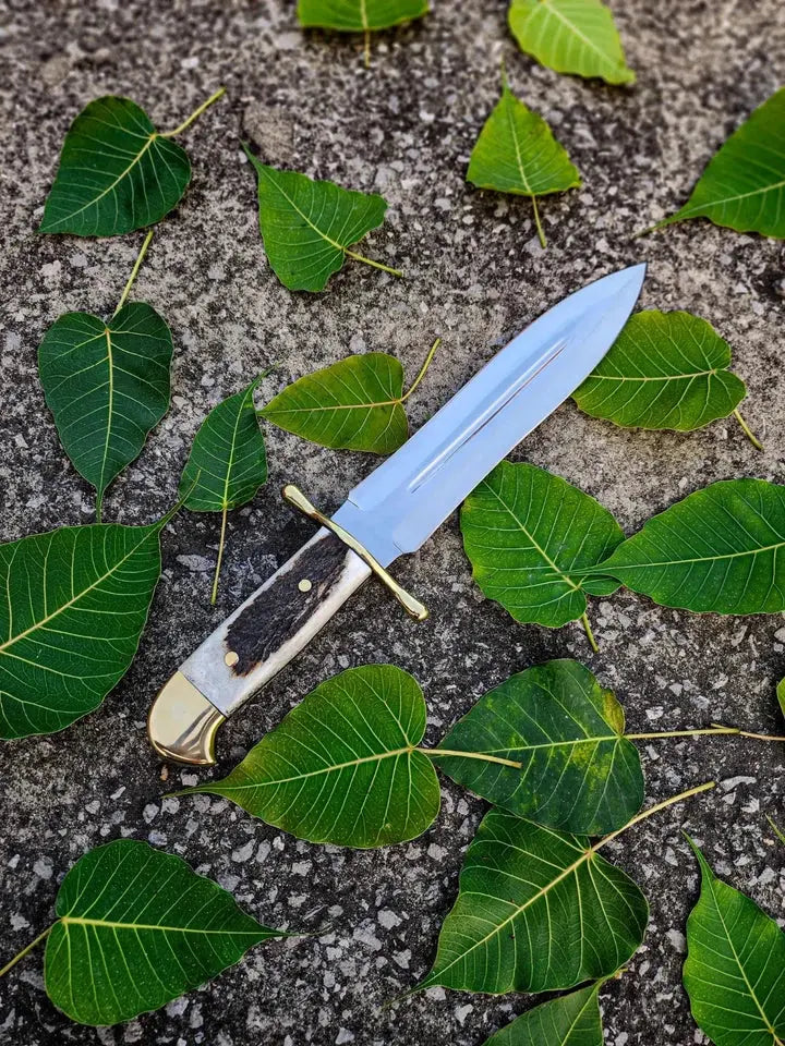 Handmade Stainless Steel Bowie Hunting Knife with Stag Handle & Leather Sheath | Arham Cutlery - Arham Cutlery