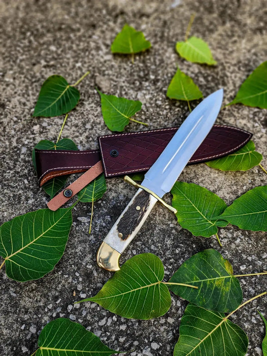Handmade Stainless Steel Bowie Hunting Knife with Stag Handle & Leather Sheath | Arham Cutlery - Arham Cutlery
