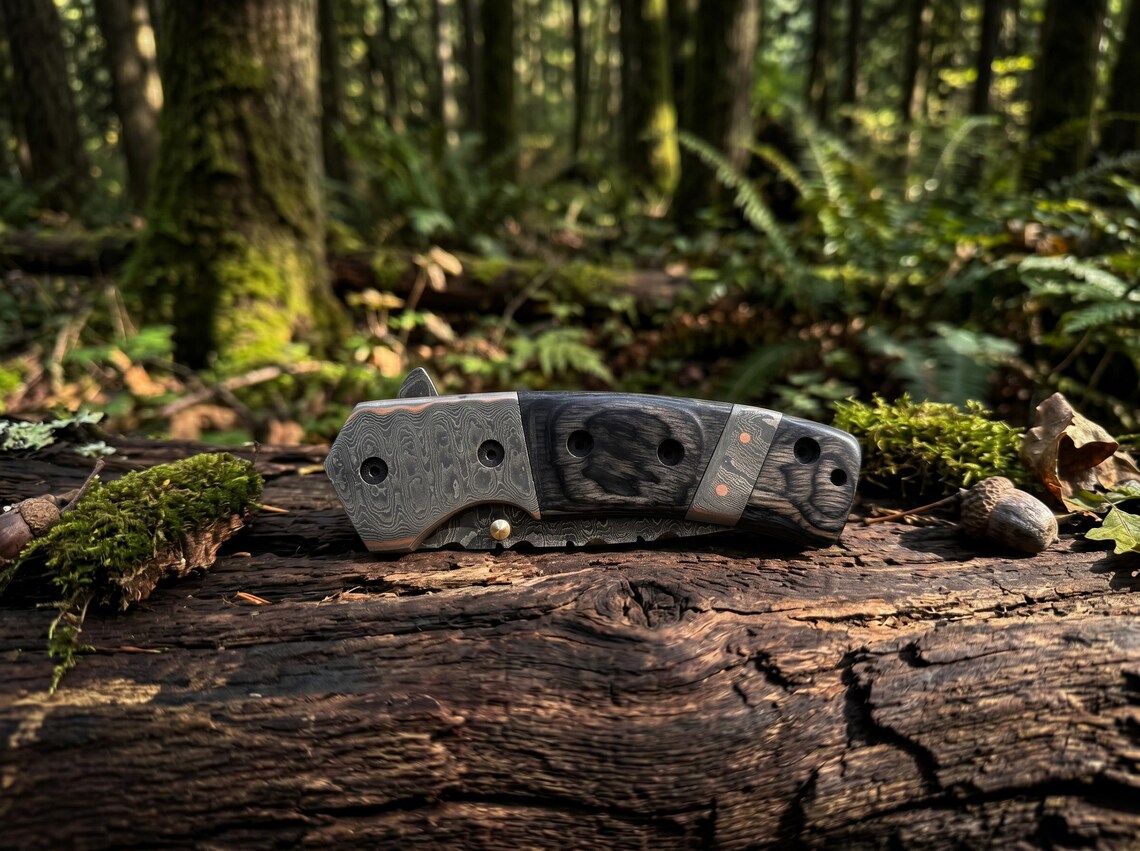 Custom Copper Damascus Pocket Knife – Handmade Folding EDC Knife with Leather Sheath for Collectors & Gift Giving Arham Cutlery