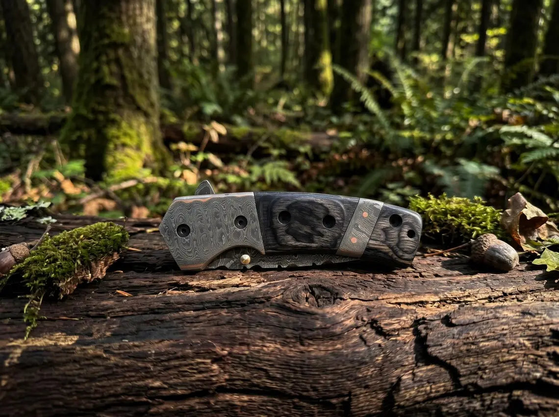 Custom Copper Damascus Pocket Knife – Handmade Folding EDC Knife with Leather Sheath for Collectors & Gift Giving Arham Cutlery