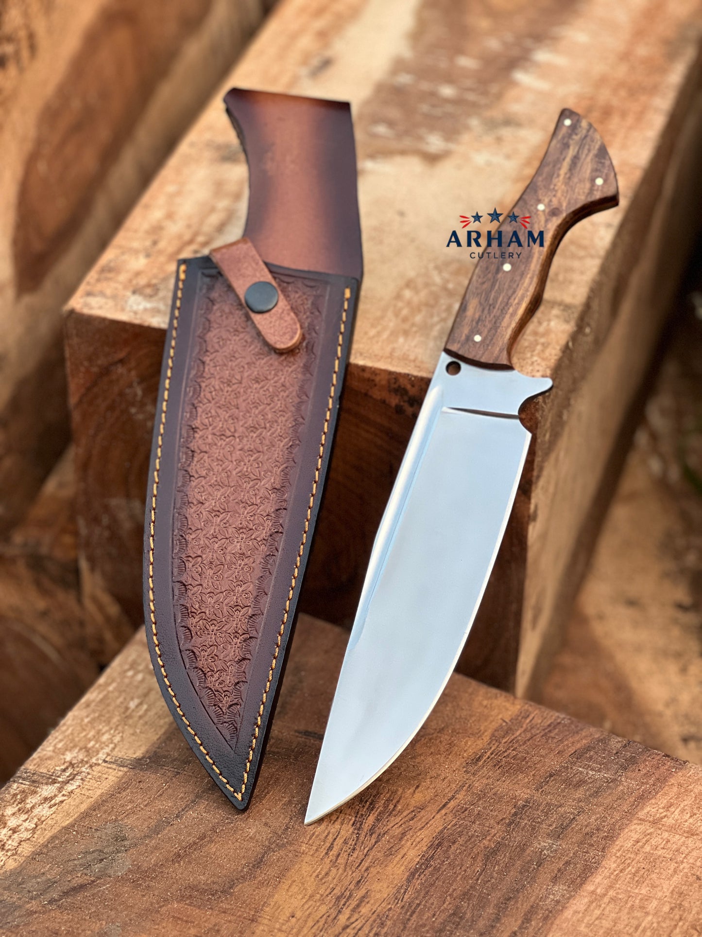 Premium 13" Handmade Hunting Knife – D2 Tool Steel, Rosewood Handle, Leather Sheath