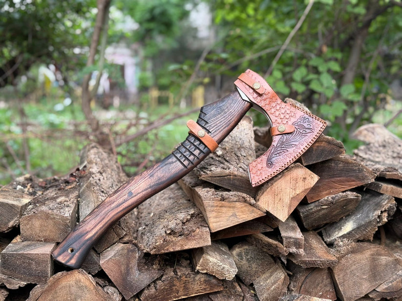 Nordic Warrior Engraved Axe – Handmade Rosewood Viking Hatchet with Leather Cover Arham Cutlery