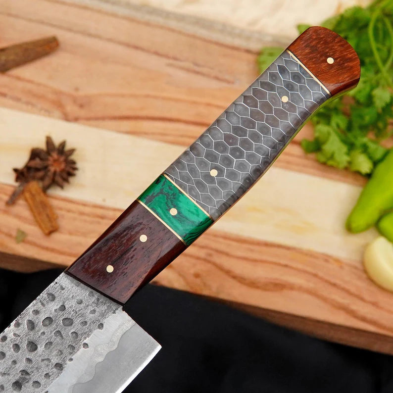 Custom Damascus Kitchen Knife | 7” 440C Stainless Steel Chef Knife with Honeycomb Resin & Malachite Handle Arham Cutlery