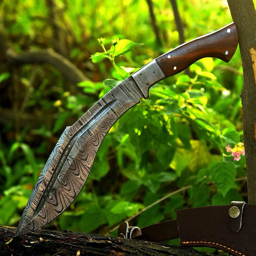Handmade Full Tang Damascus Gurkha Kukri Knife with Leather Sheath – 16" Fixed Blade Survival & Hunting Knife Arham Cutlery