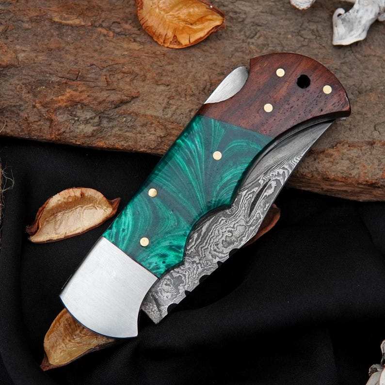 Handmade High-Contrast Damascus Pocket Knife | Green Resin & Rosewood Folding Knife with Gift Box Arham Cutlery