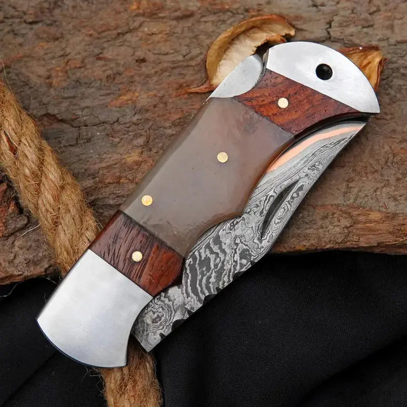 Custom Damascus Pocket Knife with Rosewood & Ram Horn Handle | Handmade Folding Collector Knife Arham Cutlery