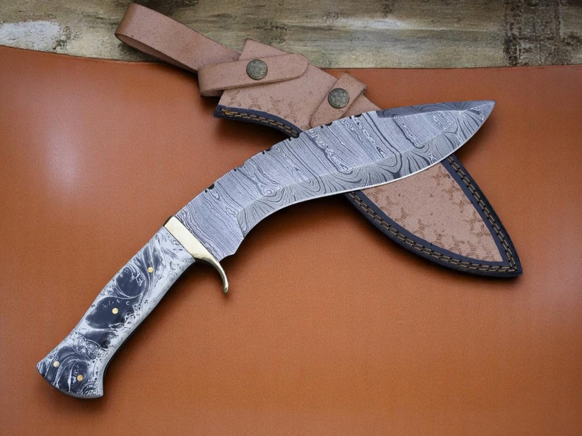 Custom Handmade 512 Layers Damascus Steel Kukri Knife with Resin Handle – Full Tang Hunting & Survival Knife with Leather Sheath Arham Cutlery