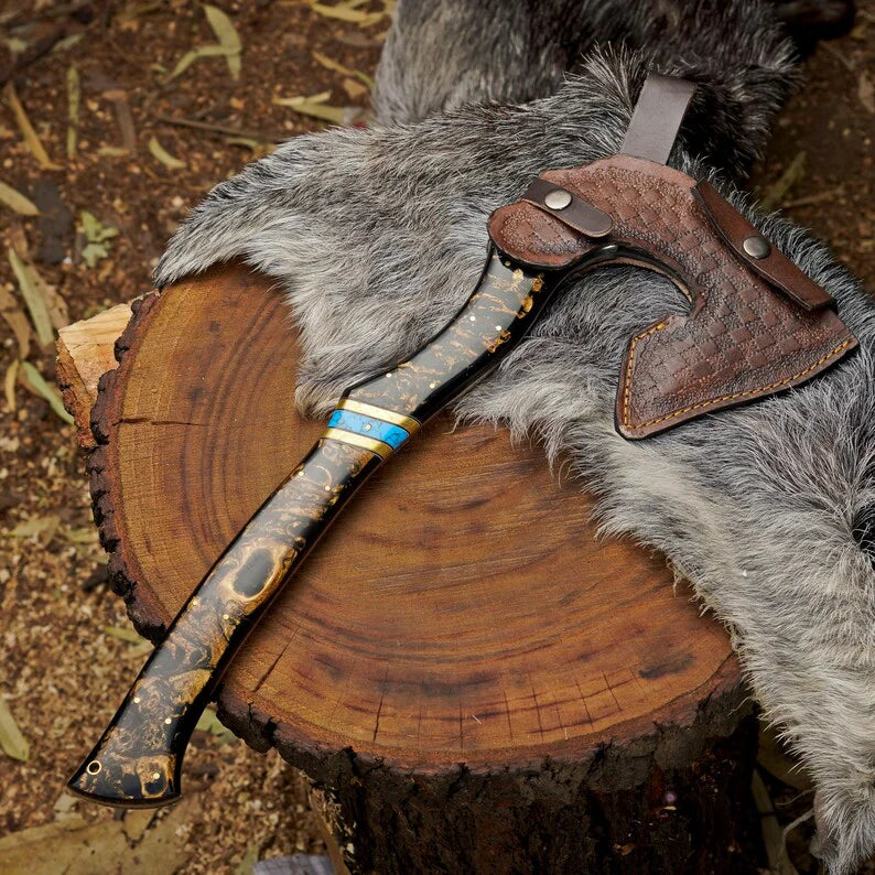 Custom Handmade Outdoor Hatchet with Turquoise Resin Handle | High Carbon Steel Bushcraft & Camping Axe Arham Cutlery